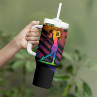 Colorful Golf Tumbler With Handle Watercolor American Flag Female Golfer Silhouette in Rainbow Gradient - Wonder Print Shop