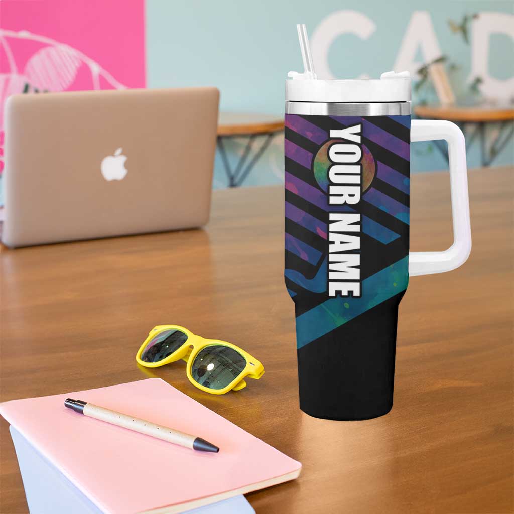Colorful Golf Tumbler With Handle Watercolor American Flag Female Golfer Silhouette in Rainbow Gradient - Wonder Print Shop