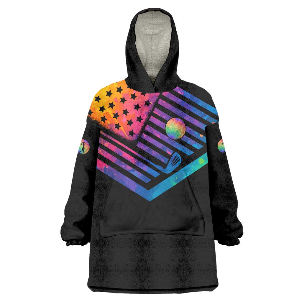Colorful Golf Wearable Blanket Hoodie Watercolor American Flag Female Golfer Silhouette in Rainbow Gradient - Wonder Print Shop