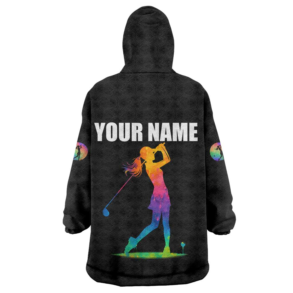 Colorful Golf Wearable Blanket Hoodie Watercolor American Flag Female Golfer Silhouette in Rainbow Gradient - Wonder Print Shop