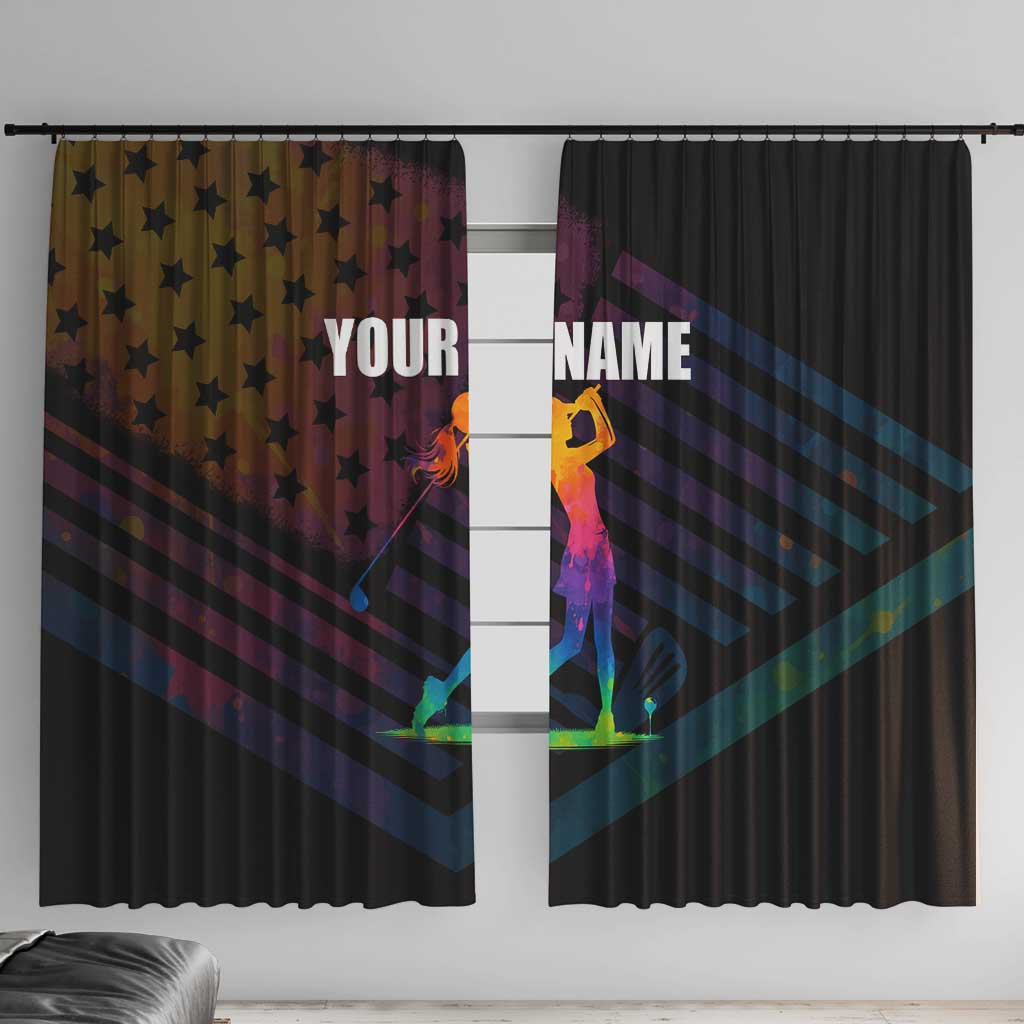 Colorful Golf Window Curtain Watercolor American Flag Female Golfer Silhouette in Rainbow Gradient - Wonder Print Shop