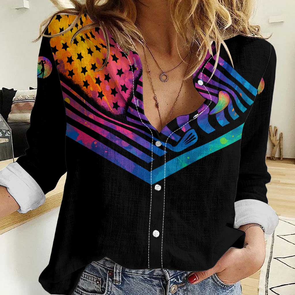 Colorful Golf Women Casual Shirt Watercolor American Flag Female Golfer Silhouette in Rainbow Gradient - Wonder Print Shop