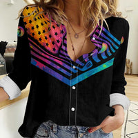 Colorful Golf Women Casual Shirt Watercolor American Flag Female Golfer Silhouette in Rainbow Gradient - Wonder Print Shop