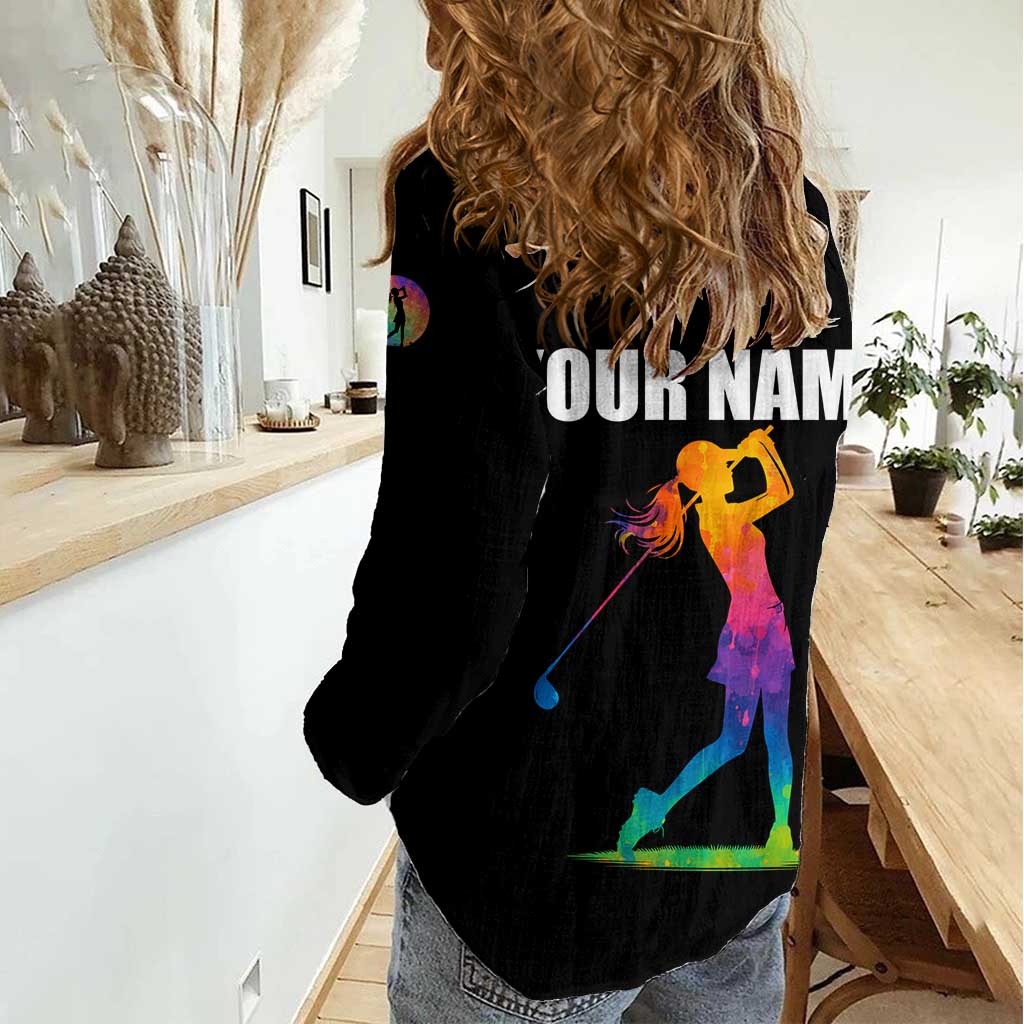 Colorful Golf Women Casual Shirt Watercolor American Flag Female Golfer Silhouette in Rainbow Gradient - Wonder Print Shop