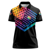 Colorful Golf Women Polo Shirt Watercolor American Flag Female Golfer Silhouette in Rainbow Gradient - Wonder Print Shop