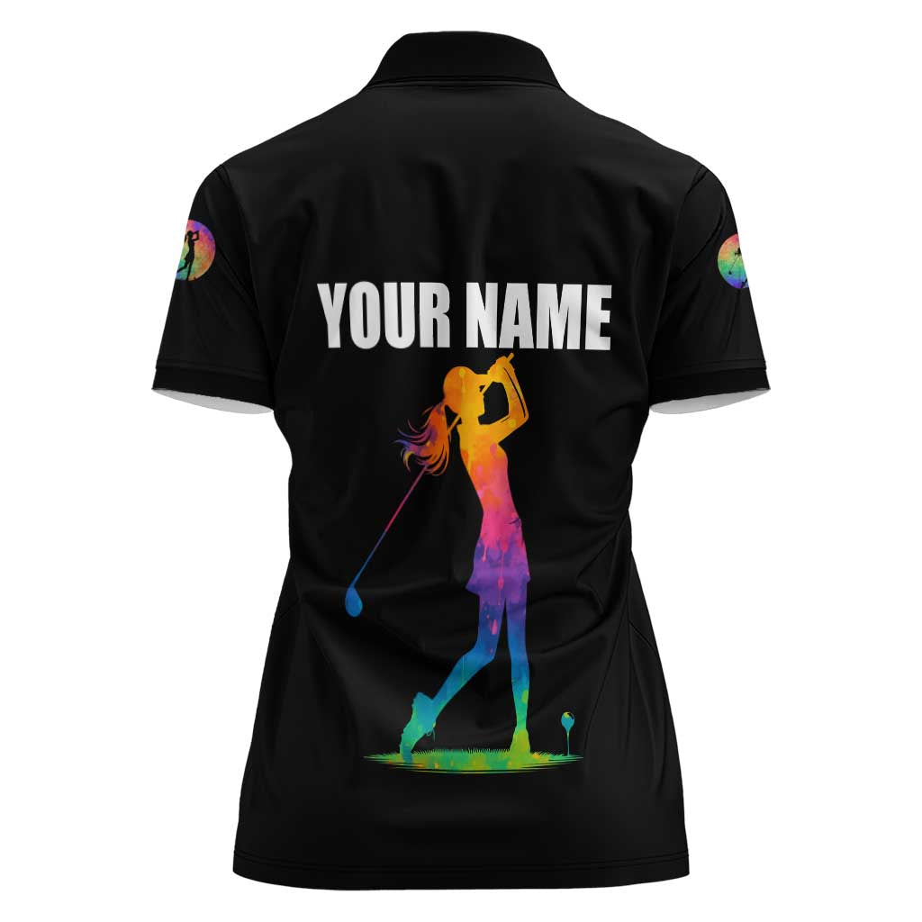 Colorful Golf Women Polo Shirt Watercolor American Flag Female Golfer Silhouette in Rainbow Gradient - Wonder Print Shop