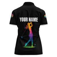 Colorful Golf Women Polo Shirt Watercolor American Flag Female Golfer Silhouette in Rainbow Gradient - Wonder Print Shop