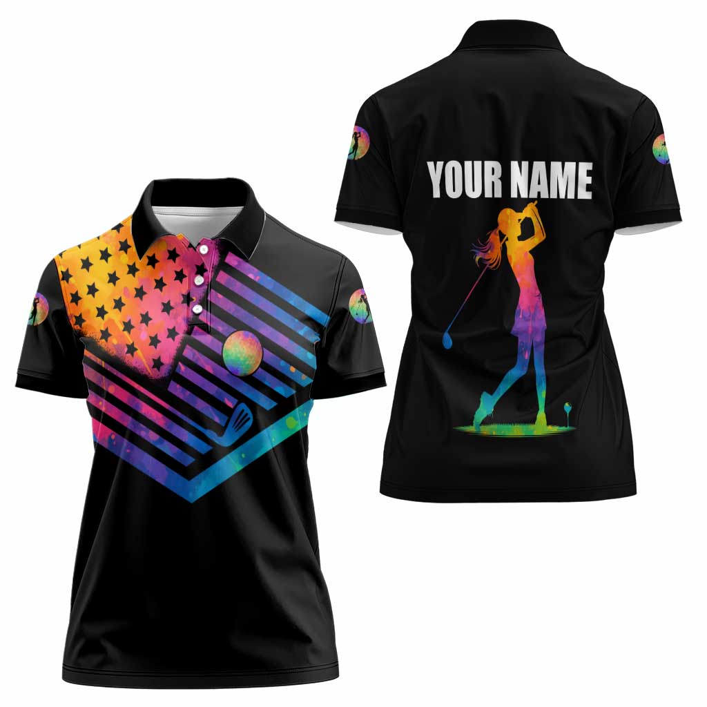 Colorful Golf Women Polo Shirt Watercolor American Flag Female Golfer Silhouette in Rainbow Gradient - Wonder Print Shop