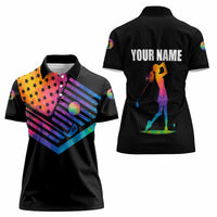 Colorful Golf Women Polo Shirt Watercolor American Flag Female Golfer Silhouette in Rainbow Gradient - Wonder Print Shop