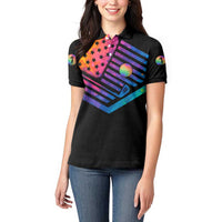 Colorful Golf Women Polo Shirt Watercolor American Flag Female Golfer Silhouette in Rainbow Gradient - Wonder Print Shop