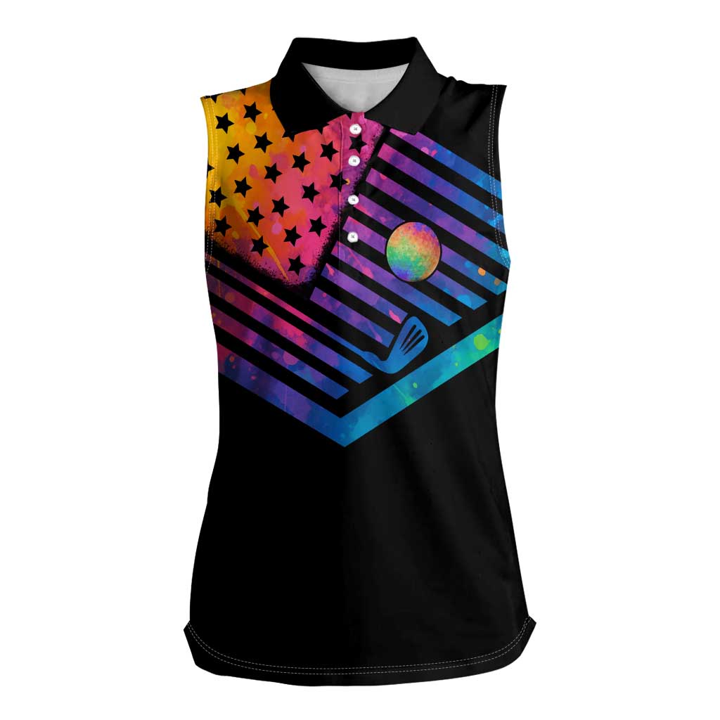 Colorful Golf Women Sleeveless Polo Shirt Watercolor American Flag Female Golfer Silhouette in Rainbow Gradient - Wonder Print Shop