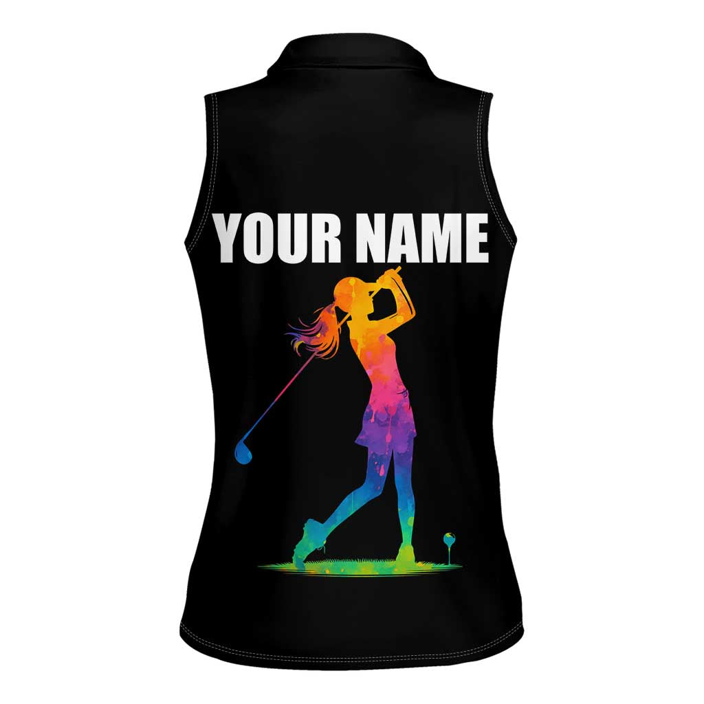 Colorful Golf Women Sleeveless Polo Shirt Watercolor American Flag Female Golfer Silhouette in Rainbow Gradient - Wonder Print Shop
