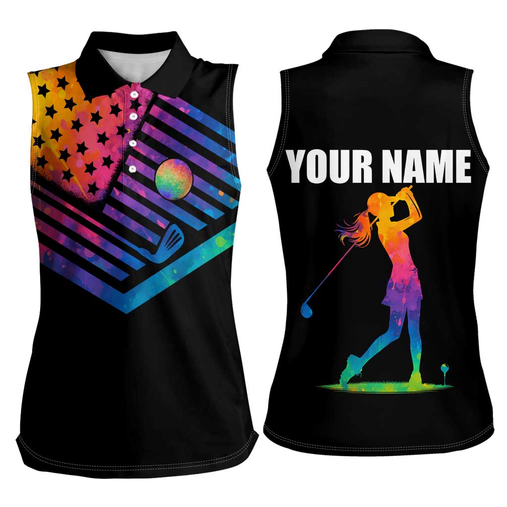 Colorful Golf Women Sleeveless Polo Shirt Watercolor American Flag Female Golfer Silhouette in Rainbow Gradient - Wonder Print Shop