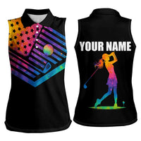 Colorful Golf Women Sleeveless Polo Shirt Watercolor American Flag Female Golfer Silhouette in Rainbow Gradient - Wonder Print Shop