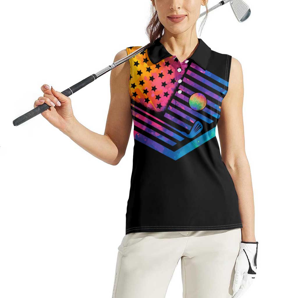 Colorful Golf Women Sleeveless Polo Shirt Watercolor American Flag Female Golfer Silhouette in Rainbow Gradient - Wonder Print Shop