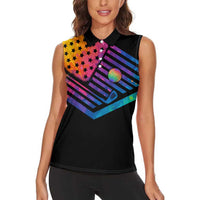 Colorful Golf Women Sleeveless Polo Shirt Watercolor American Flag Female Golfer Silhouette in Rainbow Gradient - Wonder Print Shop