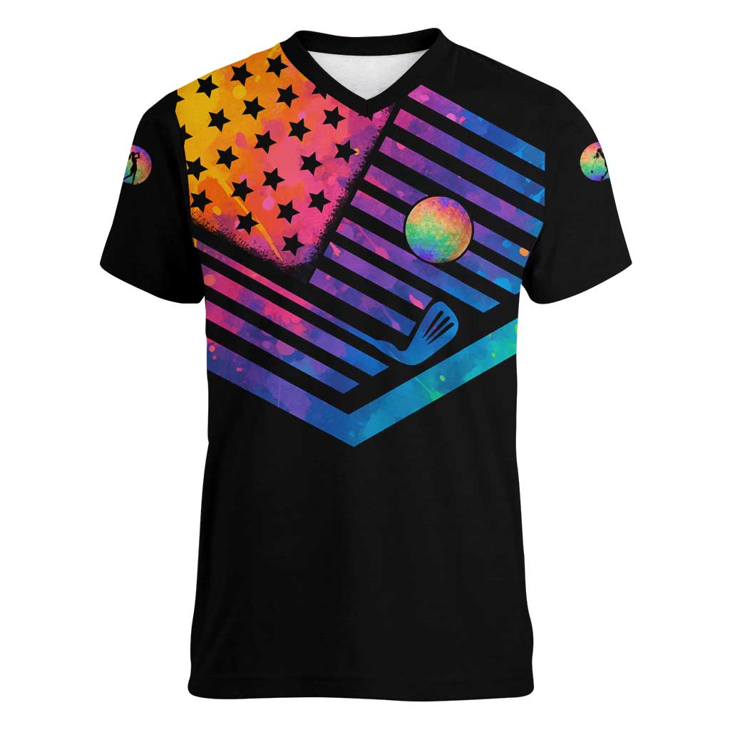 Colorful Golf Women V-Neck T-Shirt Watercolor American Flag Female Golfer Silhouette in Rainbow Gradient - Wonder Print Shop