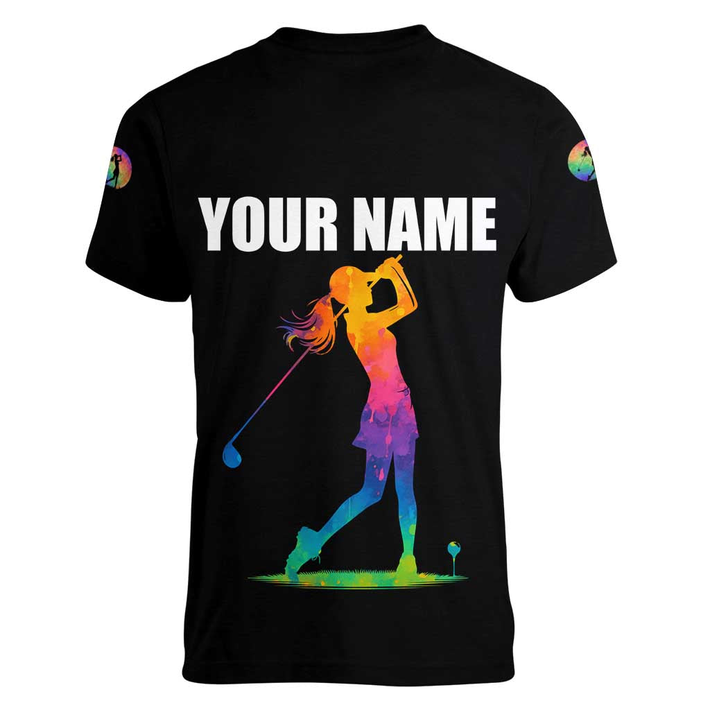 Colorful Golf Women V-Neck T-Shirt Watercolor American Flag Female Golfer Silhouette in Rainbow Gradient - Wonder Print Shop