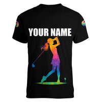 Colorful Golf Women V-Neck T-Shirt Watercolor American Flag Female Golfer Silhouette in Rainbow Gradient - Wonder Print Shop