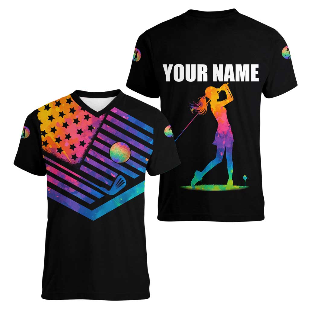 Colorful Golf Women V-Neck T-Shirt Watercolor American Flag Female Golfer Silhouette in Rainbow Gradient - Wonder Print Shop