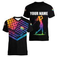 Colorful Golf Women V-Neck T-Shirt Watercolor American Flag Female Golfer Silhouette in Rainbow Gradient - Wonder Print Shop