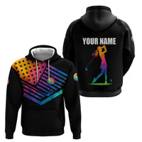 Colorful Golf Zip Hoodie Watercolor American Flag Female Golfer Silhouette in Rainbow Gradient - Wonder Print Shop