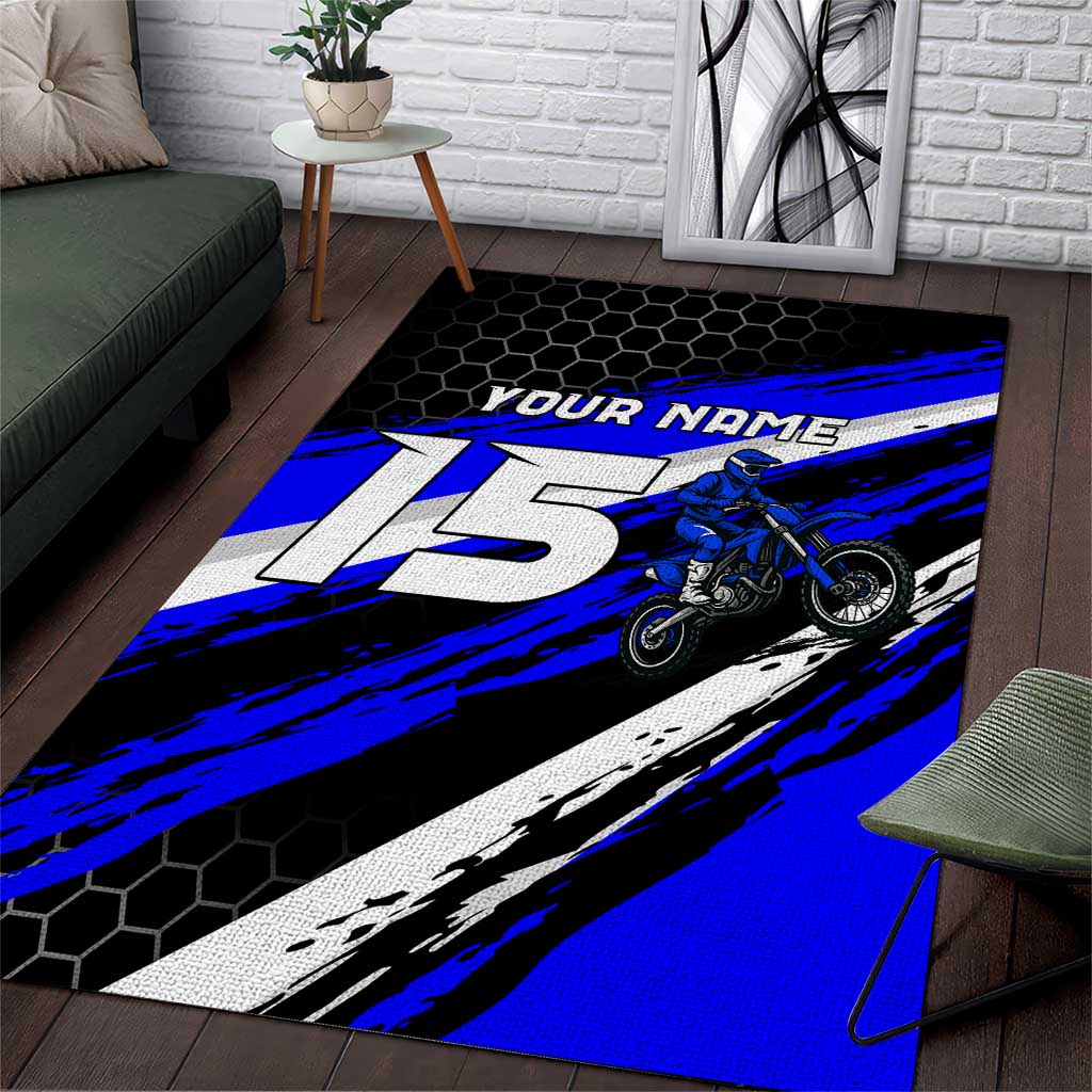 Custom Blue Motocross Area Rug with Dirt Bike Rider Graphic Design on Honeycomb Pattern - Wonder Print Shop