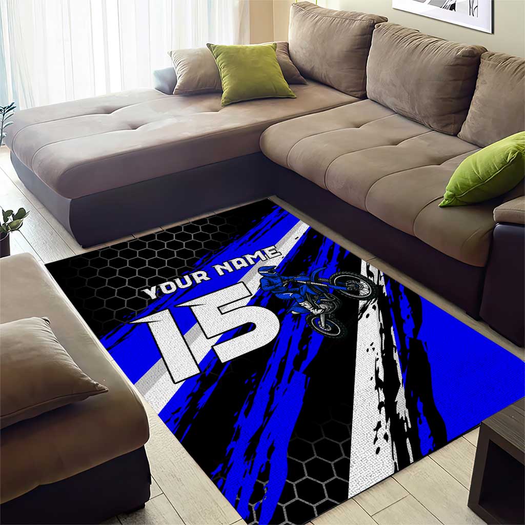 Custom Blue Motocross Area Rug with Dirt Bike Rider Graphic Design on Honeycomb Pattern - Wonder Print Shop