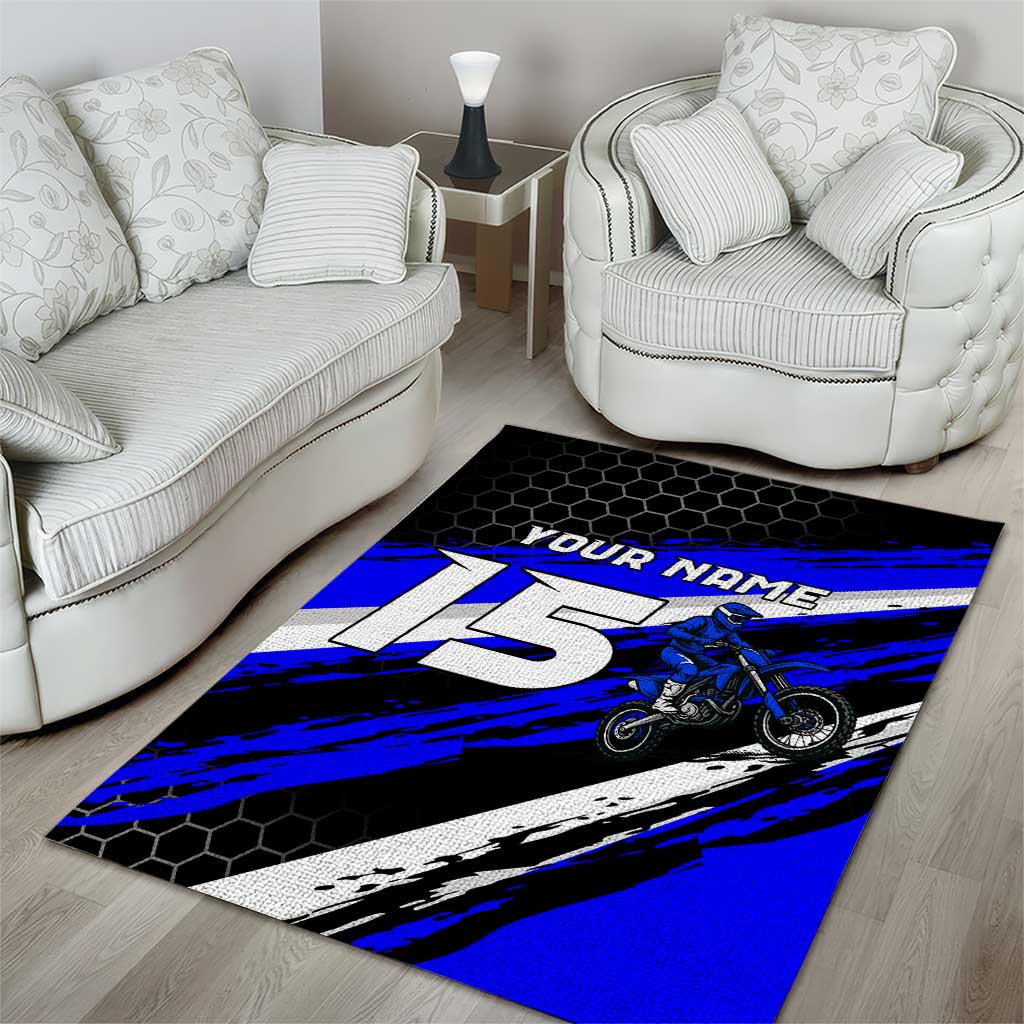 Custom Blue Motocross Area Rug with Dirt Bike Rider Graphic Design on Honeycomb Pattern - Wonder Print Shop
