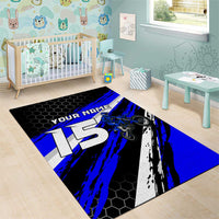Custom Blue Motocross Area Rug with Dirt Bike Rider Graphic Design on Honeycomb Pattern - Wonder Print Shop
