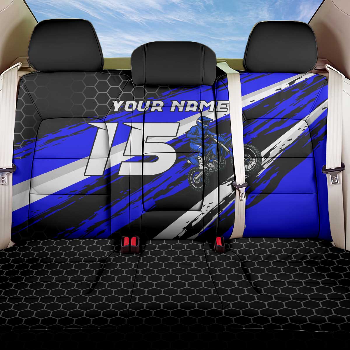 Custom Blue Motocross Back Car Seat Cover with Dirt Bike Rider Graphic Design on Honeycomb Pattern - Wonder Print Shop