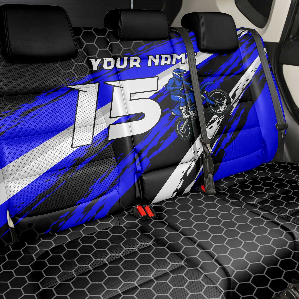 Custom Blue Motocross Back Car Seat Cover with Dirt Bike Rider Graphic Design on Honeycomb Pattern - Wonder Print Shop