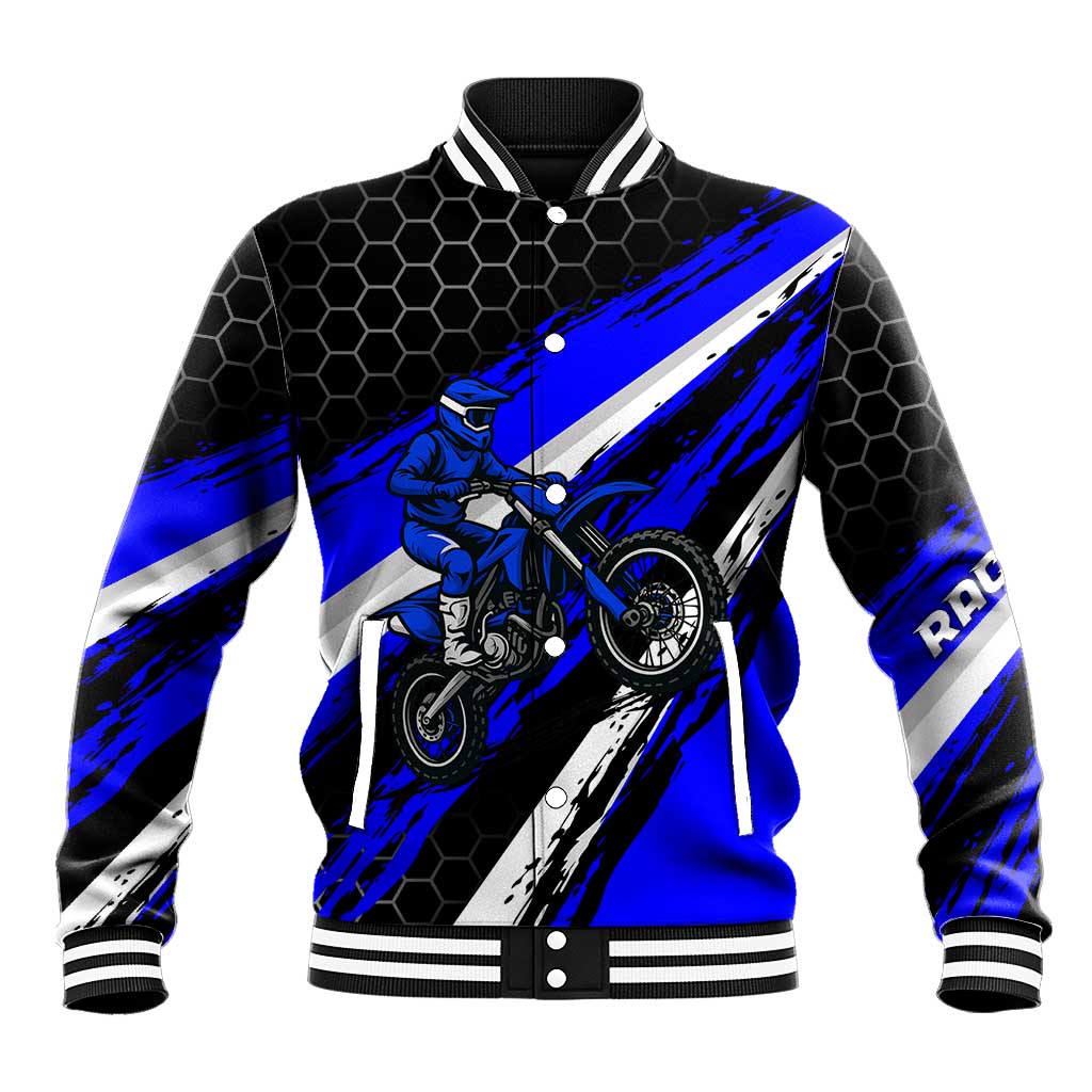Custom Blue Motocross Baseball Jacket with Dirt Bike Rider Graphic Design on Honeycomb Pattern - Wonder Print Shop