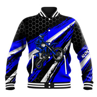 Custom Blue Motocross Baseball Jacket with Dirt Bike Rider Graphic Design on Honeycomb Pattern - Wonder Print Shop