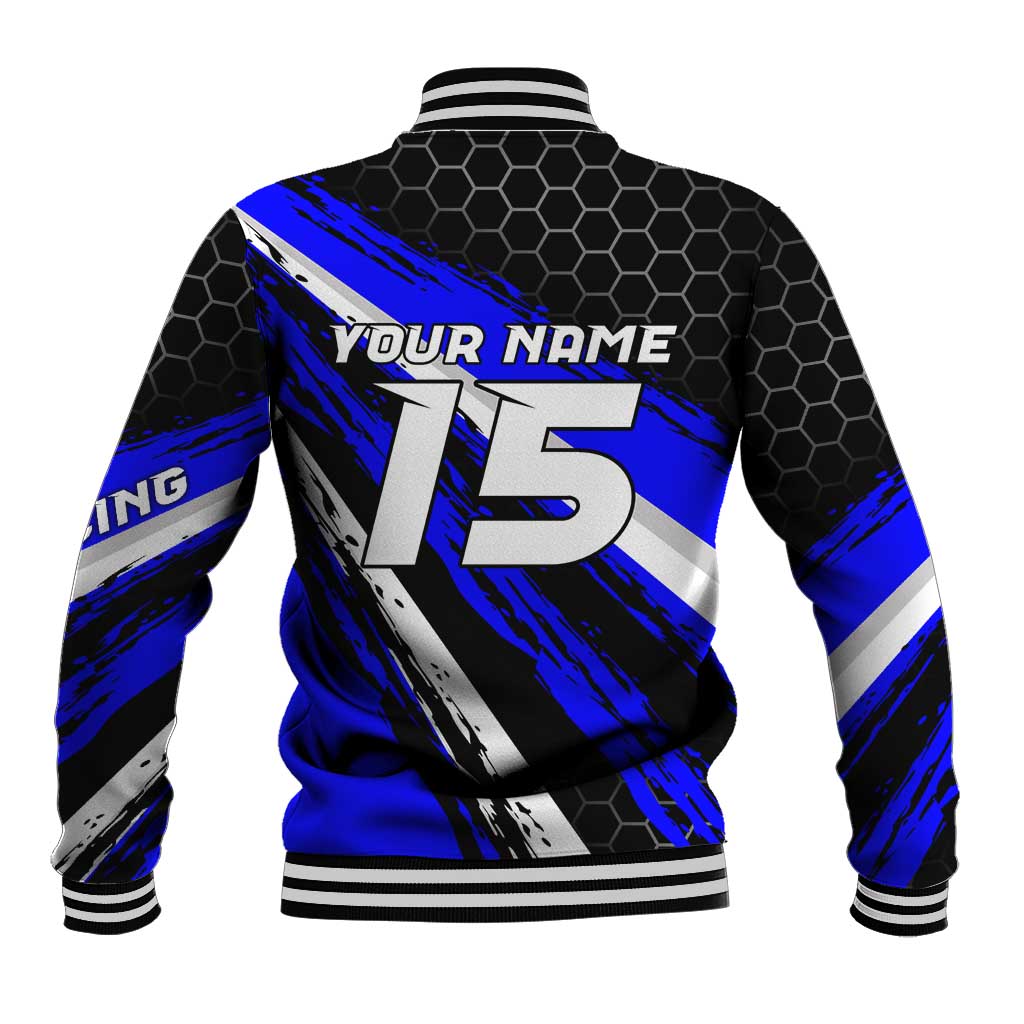 Custom Blue Motocross Baseball Jacket with Dirt Bike Rider Graphic Design on Honeycomb Pattern - Wonder Print Shop