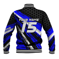 Custom Blue Motocross Baseball Jacket with Dirt Bike Rider Graphic Design on Honeycomb Pattern - Wonder Print Shop