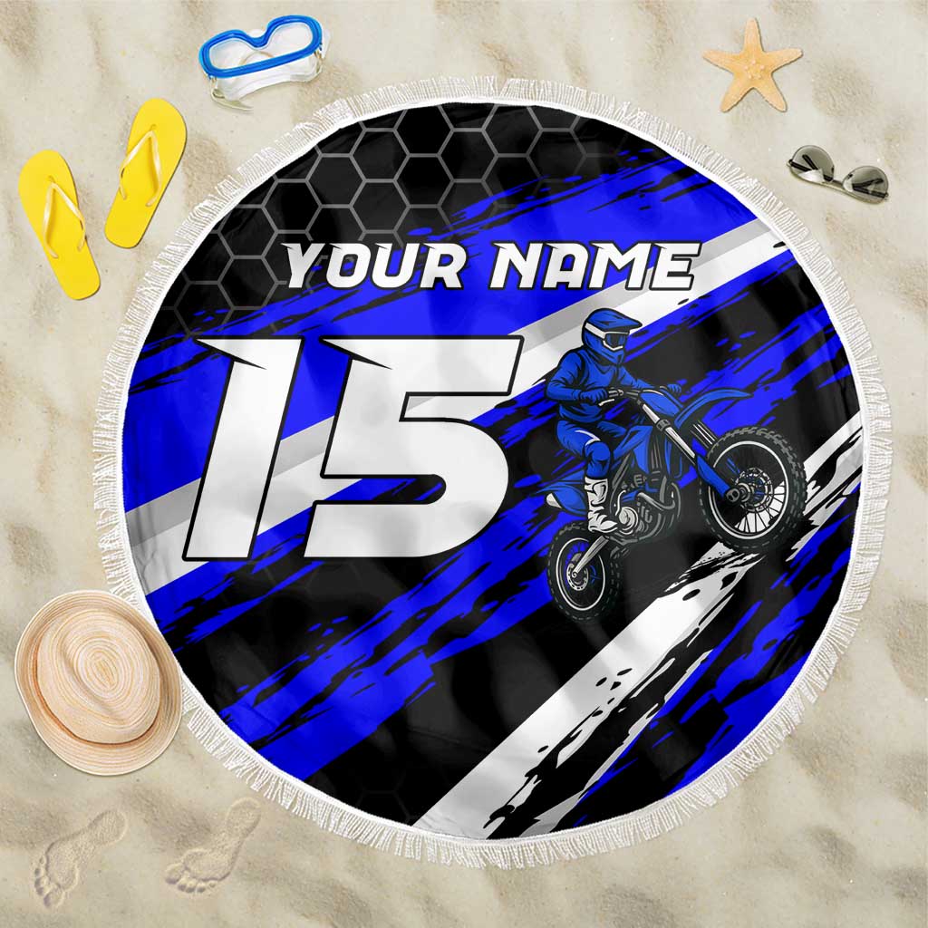 Custom Blue Motocross Beach Blanket with Dirt Bike Rider Graphic Design on Honeycomb Pattern - Wonder Print Shop