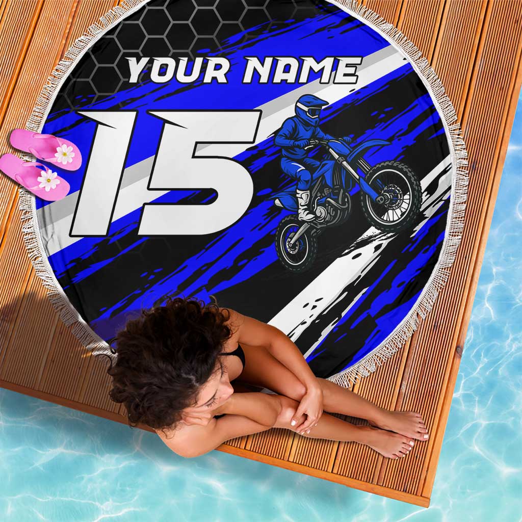 Custom Blue Motocross Beach Blanket with Dirt Bike Rider Graphic Design on Honeycomb Pattern - Wonder Print Shop