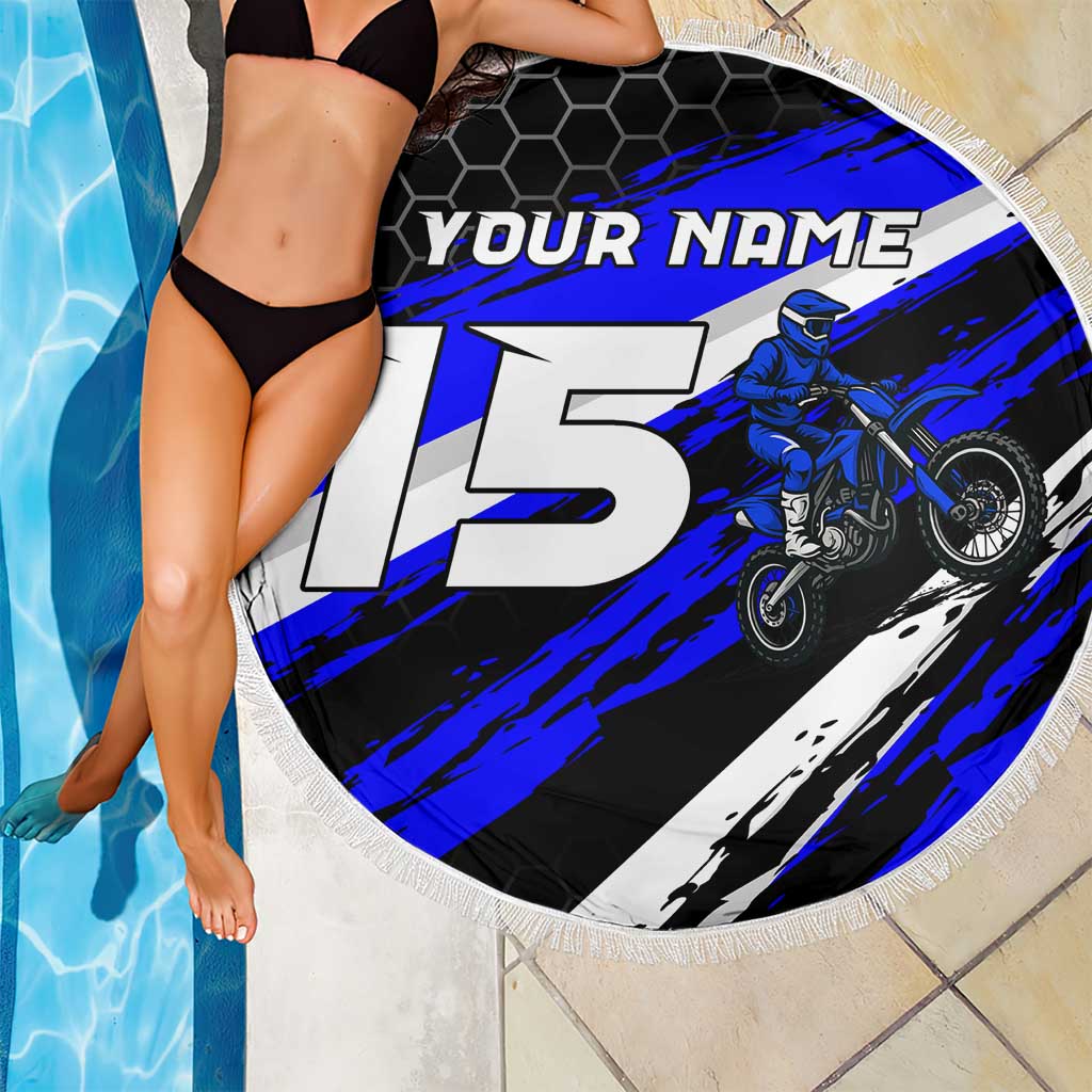 Custom Blue Motocross Beach Blanket with Dirt Bike Rider Graphic Design on Honeycomb Pattern - Wonder Print Shop