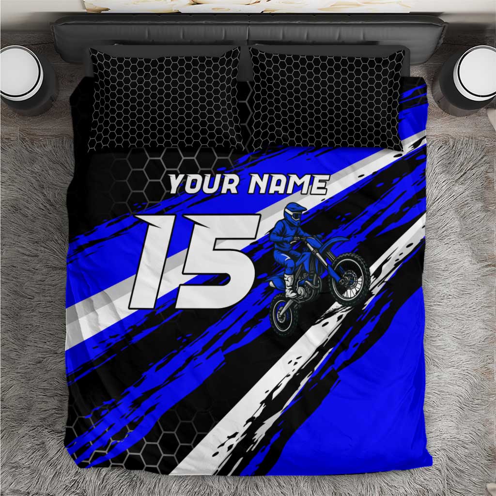 Custom Blue Motocross Bedding Set with Dirt Bike Rider Graphic Design on Honeycomb Pattern - Wonder Print Shop