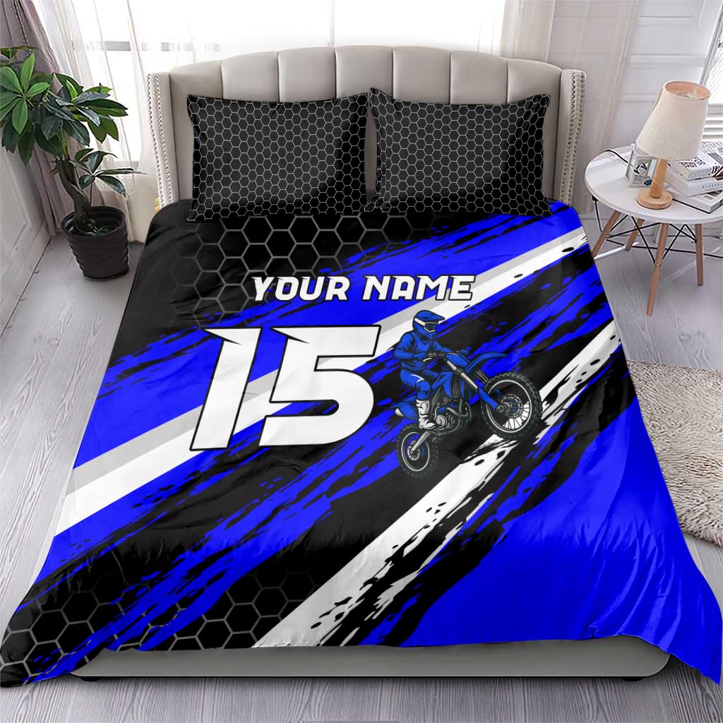 Custom Blue Motocross Bedding Set with Dirt Bike Rider Graphic Design on Honeycomb Pattern - Wonder Print Shop