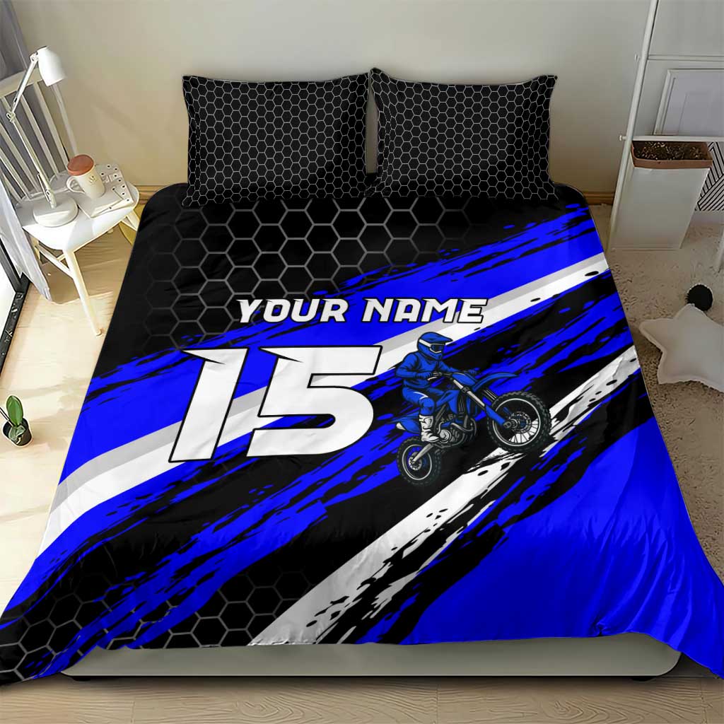 Custom Blue Motocross Bedding Set with Dirt Bike Rider Graphic Design on Honeycomb Pattern - Wonder Print Shop