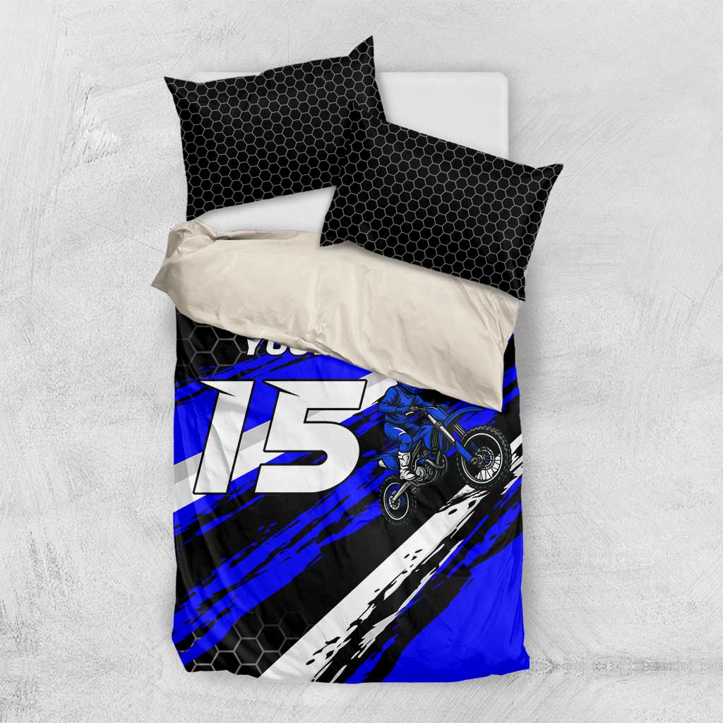 Custom Blue Motocross Bedding Set with Dirt Bike Rider Graphic Design on Honeycomb Pattern - Wonder Print Shop