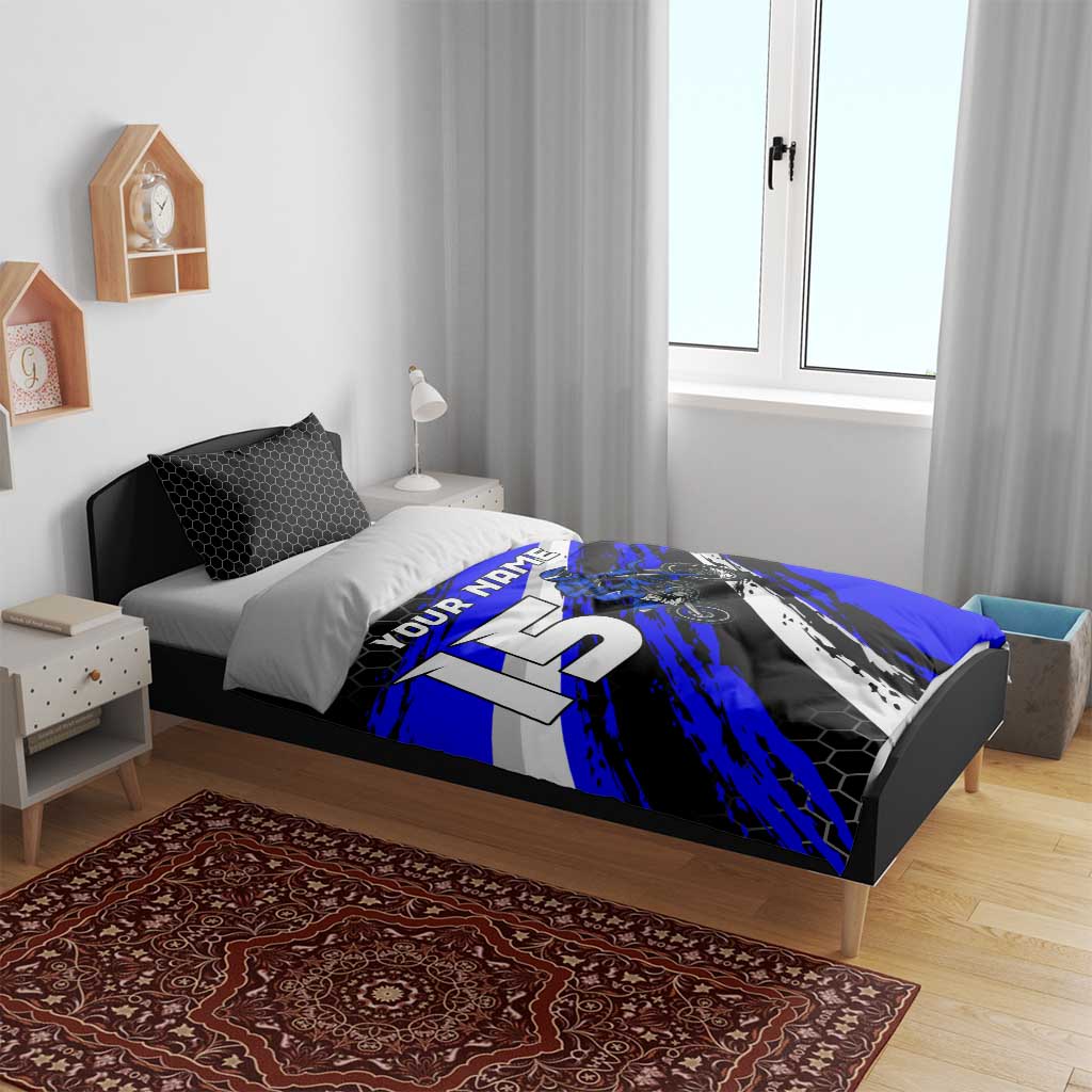 Custom Blue Motocross Bedding Set with Dirt Bike Rider Graphic Design on Honeycomb Pattern - Wonder Print Shop
