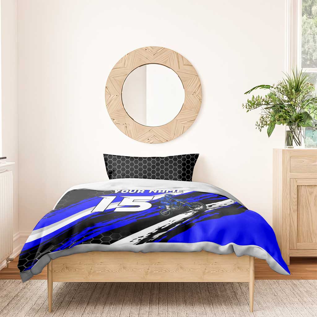 Custom Blue Motocross Bedding Set with Dirt Bike Rider Graphic Design on Honeycomb Pattern - Wonder Print Shop