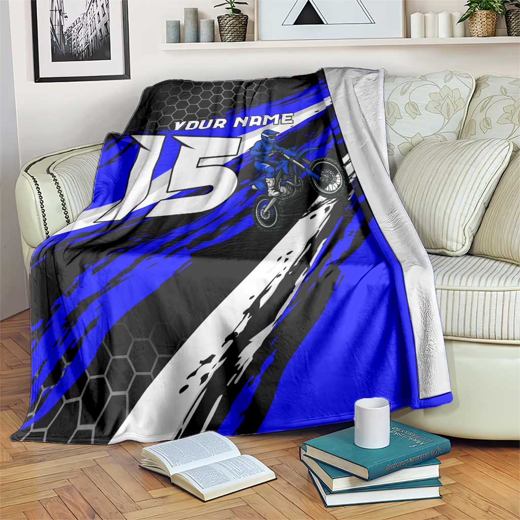 Custom Blue Motocross Blanket with Dirt Bike Rider Graphic Design on Honeycomb Pattern - Wonder Print Shop