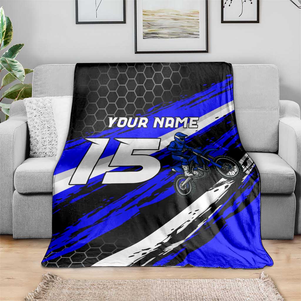 Custom Blue Motocross Blanket with Dirt Bike Rider Graphic Design on Honeycomb Pattern - Wonder Print Shop