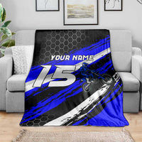 Custom Blue Motocross Blanket with Dirt Bike Rider Graphic Design on Honeycomb Pattern - Wonder Print Shop