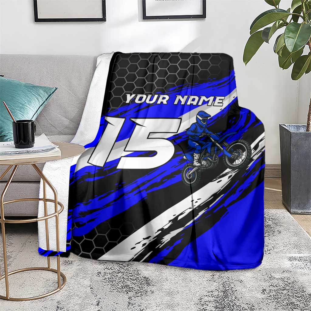 Custom Blue Motocross Blanket with Dirt Bike Rider Graphic Design on Honeycomb Pattern - Wonder Print Shop