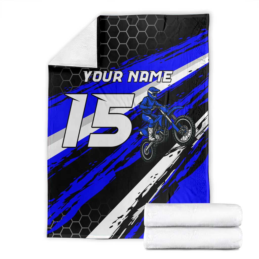Custom Blue Motocross Blanket with Dirt Bike Rider Graphic Design on Honeycomb Pattern - Wonder Print Shop